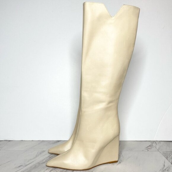 Schutz Asya Up Eggshell Leather Pointy Toe Wedge Tall Boot 8B - Picture 1 of 15